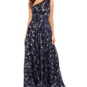Betsy & Adam Navy & Silver One-Shoulder Gown With Metallic Leaf Pattern & Keyhol
